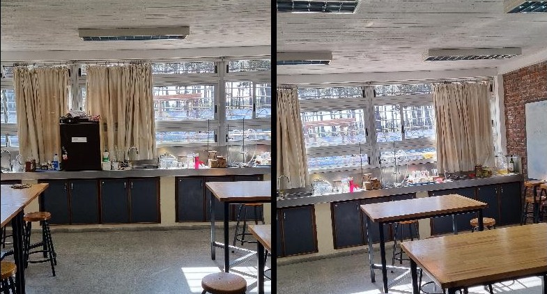 Foto del laboratorio se ven las mesas y la mesada del mismo